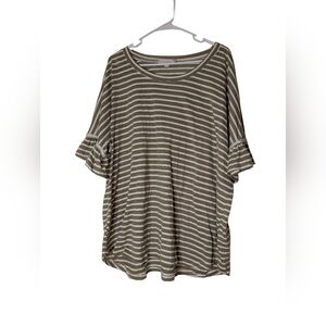 Casual Olive and White Striped Short Sleeve Top